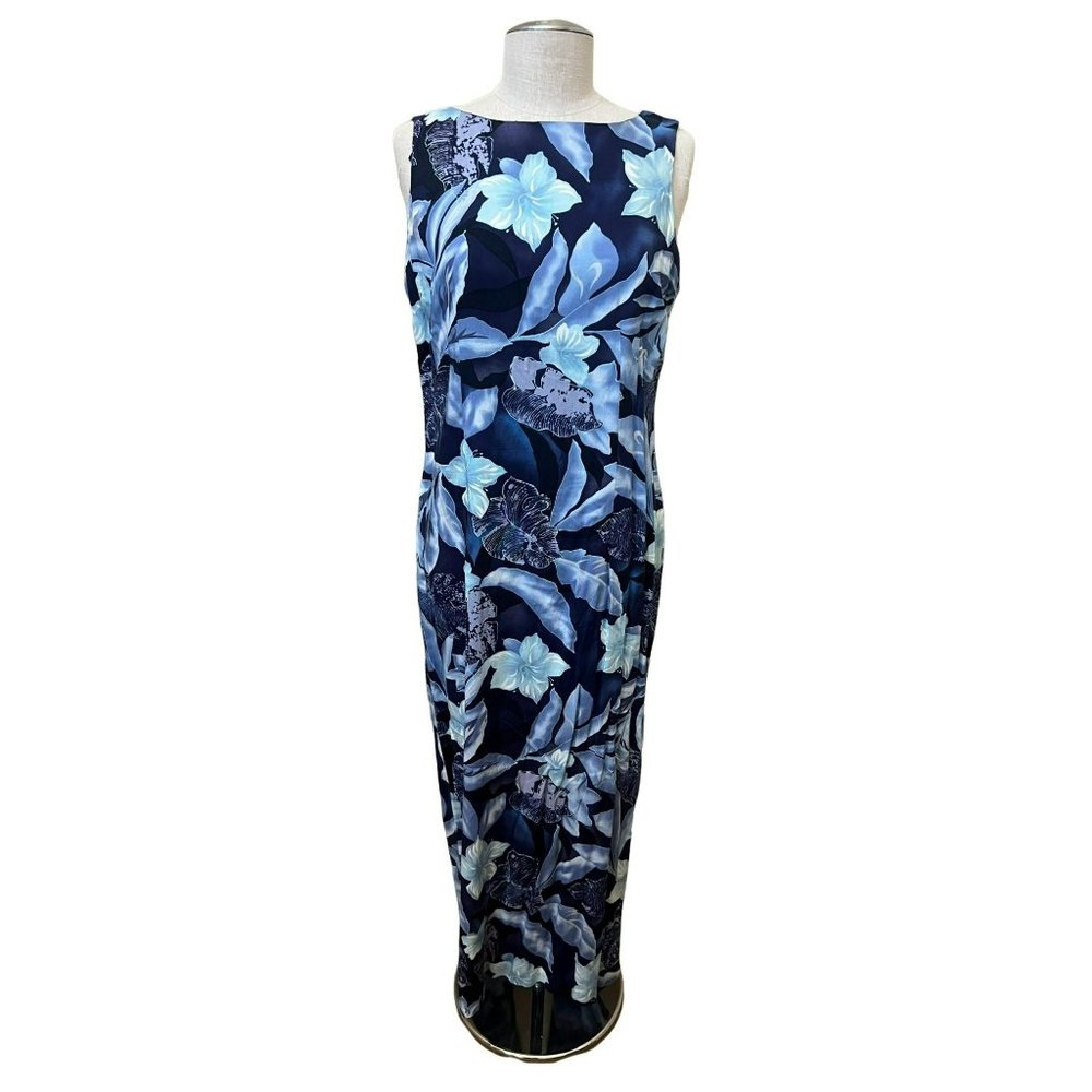 VINTAGE Women's Blue Sleeveless Hawaiian Print Maxi Dress, Size 11/12
